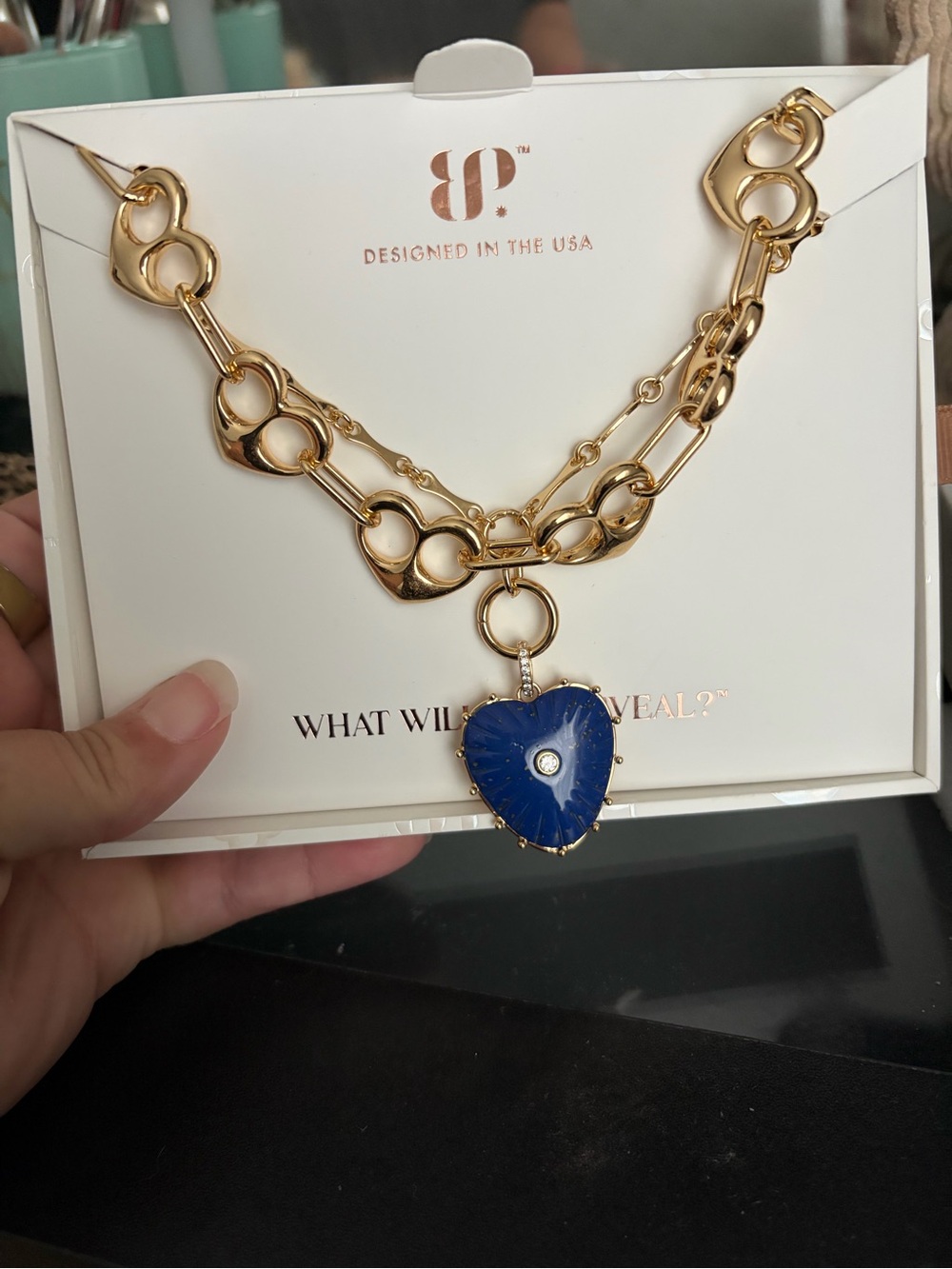 bp Gold Link Necklace with Royal Blue Heart Pendant